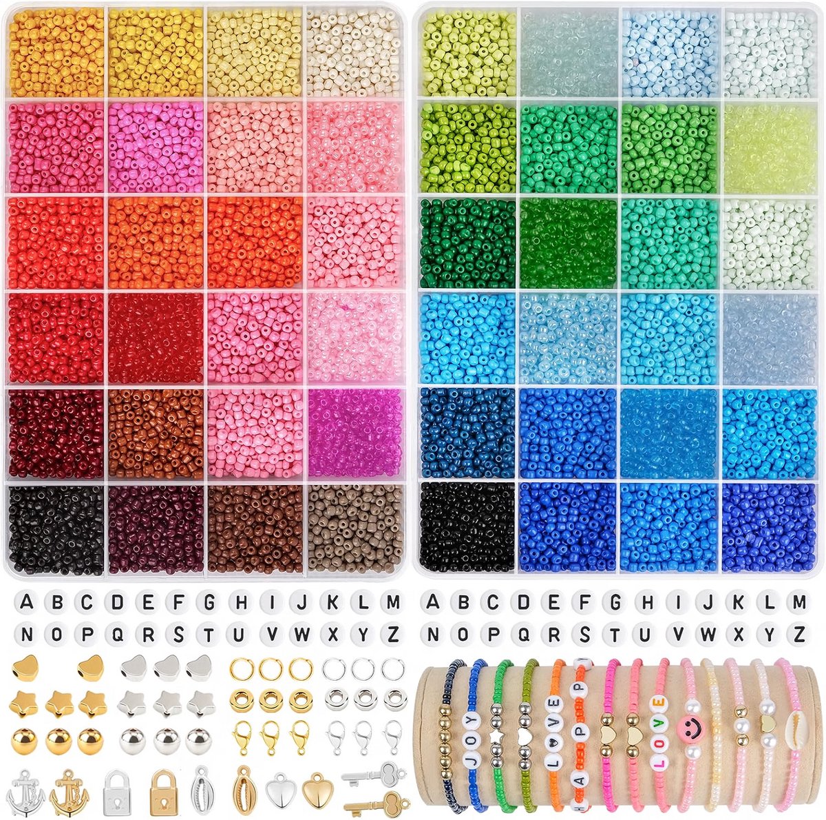 Kralen voor armbanden - Sieraden zelf maken - Glaskralen met letters - Vriendschapsbandjes en kettingen - Inclusief draad gereedschap - Gesorteerde opbergdozen - Creatief cadeau - 48 kleuren - 3 mm