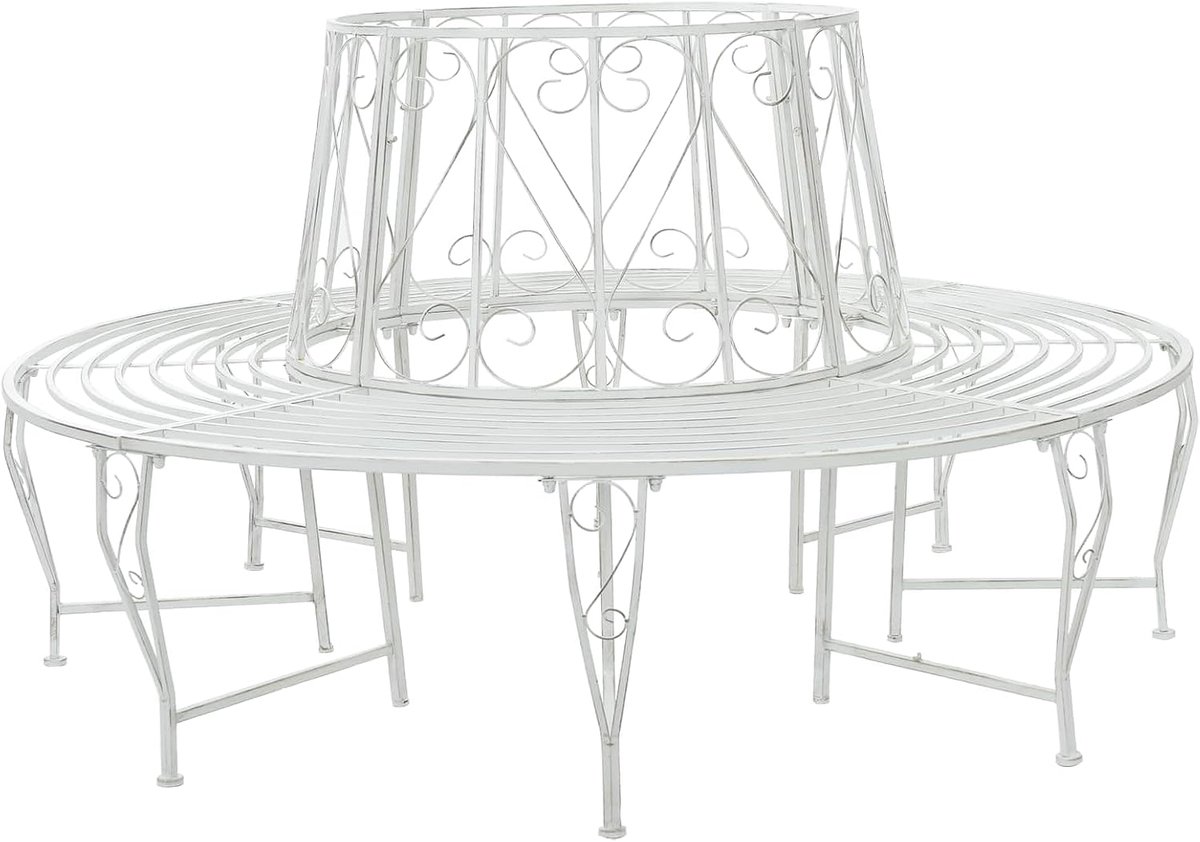 Tuinbank van staal in antiek wit, rond, diameter 160 x 89 cm, weerbestendige boomrand voor buiten, zitgelegenheid voor maximaal 8 personen