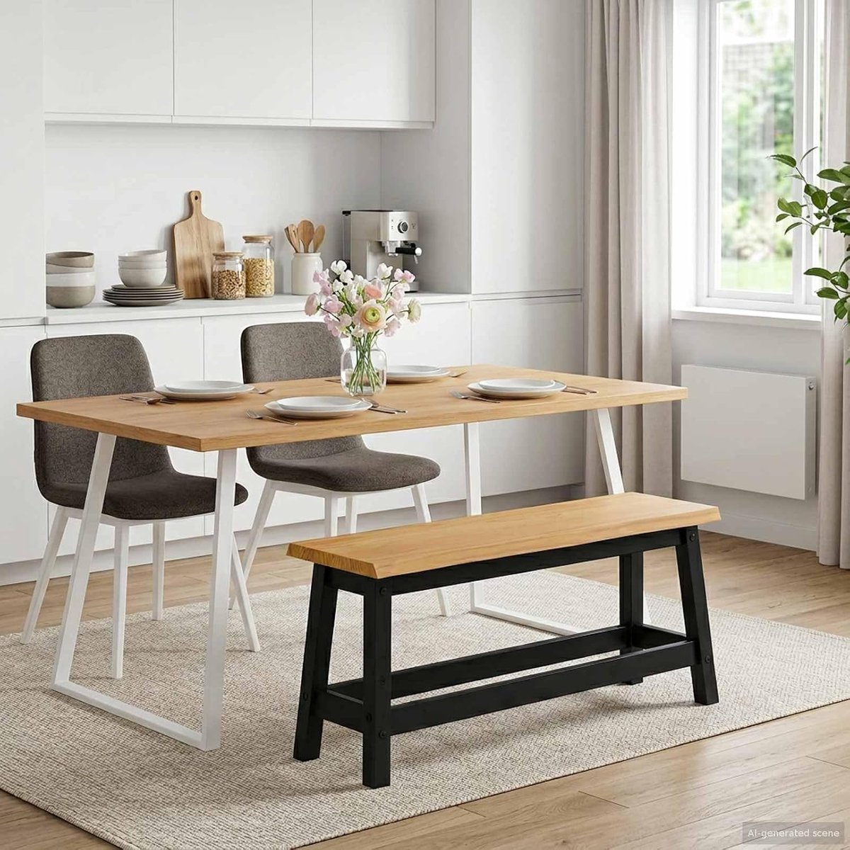 Eetkamerbank, zwart, 91,5 x 29 x 45,5 cm, met massief grenen en Live Edge-design, rustieke zitbank voor keuken en woonkamer