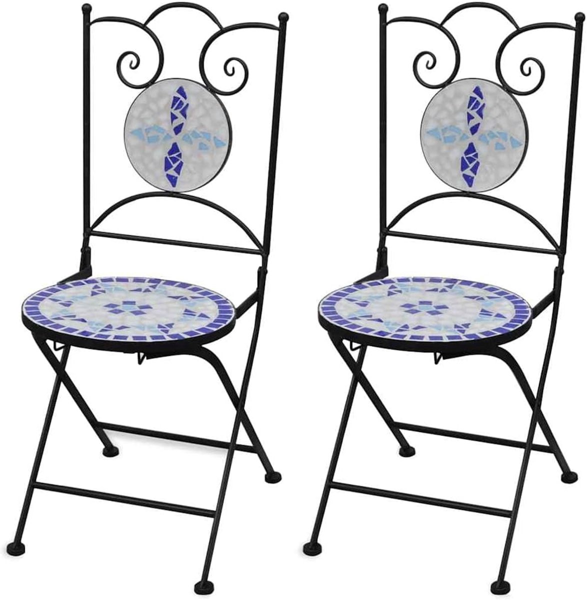 Set van 2 stuks, met mozaïek, blauw-wit, inklapbaar, keramische zitting, gepoedercoat ijzeren frame, voor tuin en balkon