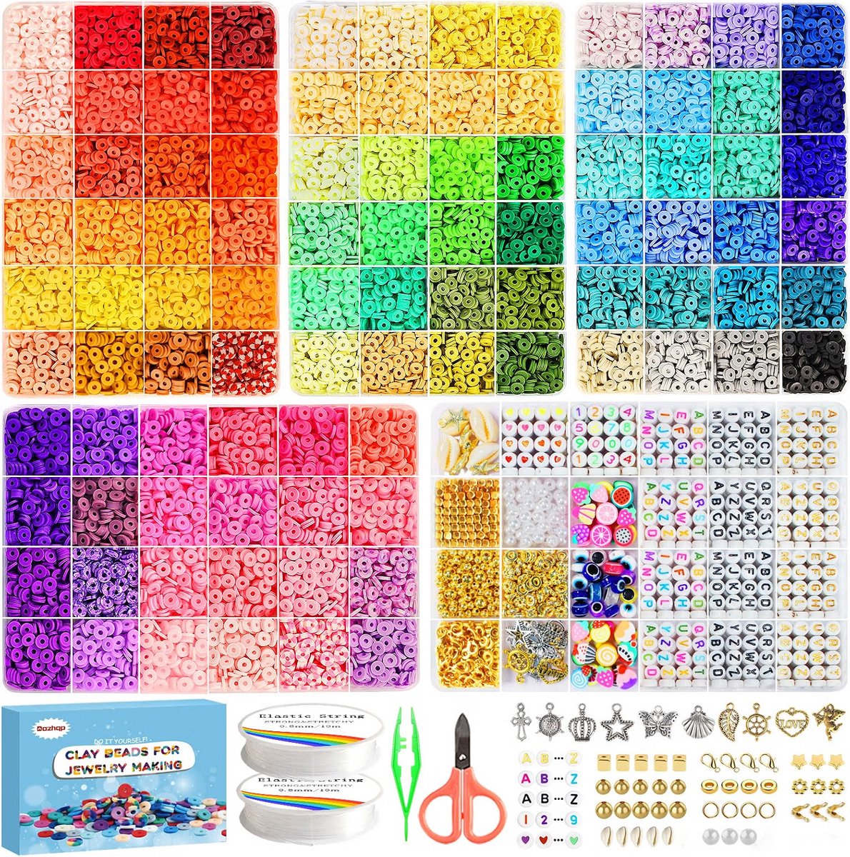 Kralenset voor armbanden - Klei kralen rijgen - Vriendschapsbandjes maken - Sieraden zelf ontwerpen - Letterkralen met bedels - 96 kleurenmixen - Vijf opbergdozen - Elastisch draad - Multicolor - 15500 stuks