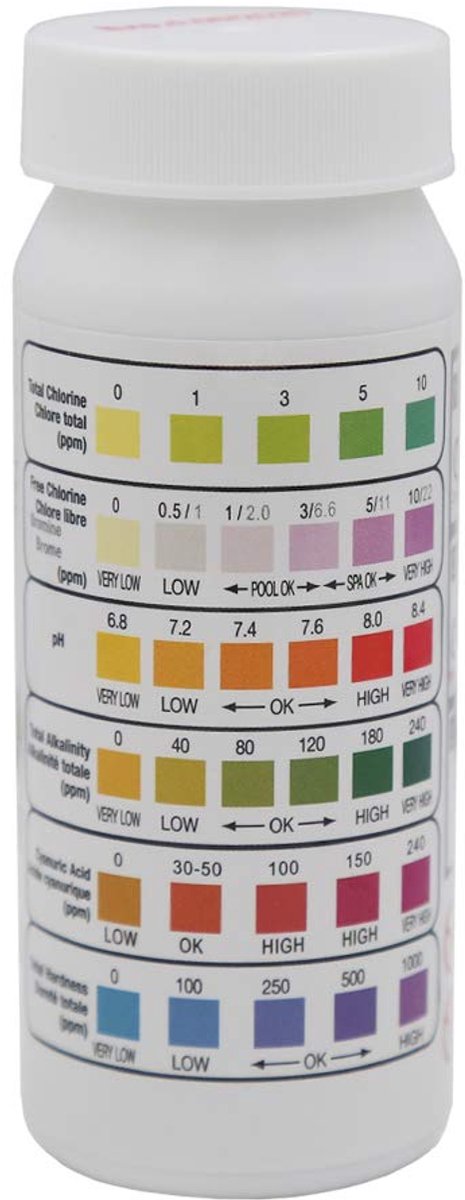50 stuks 6-in-1 zwembadwaterteststrips voor chloor, pH, alkaliteit, hardheid, zuurgraad, broom, cyanuurzuur - ShopVlot