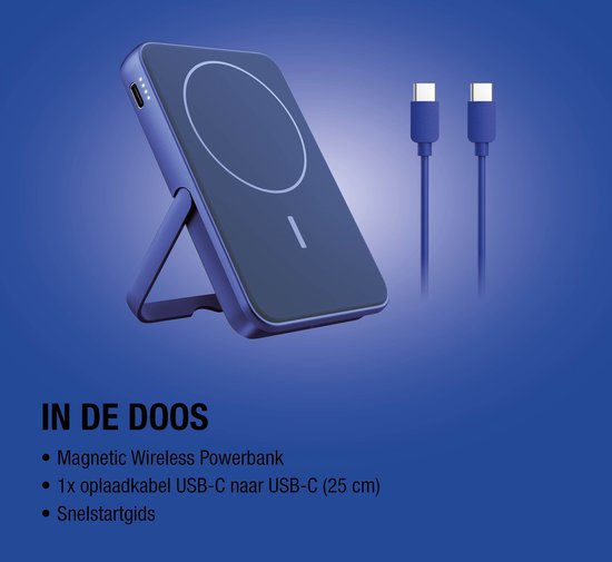 Donkerblauwe MagSafe powerbank met ingebouwde standaard en twee blauwe USB-C kabels.