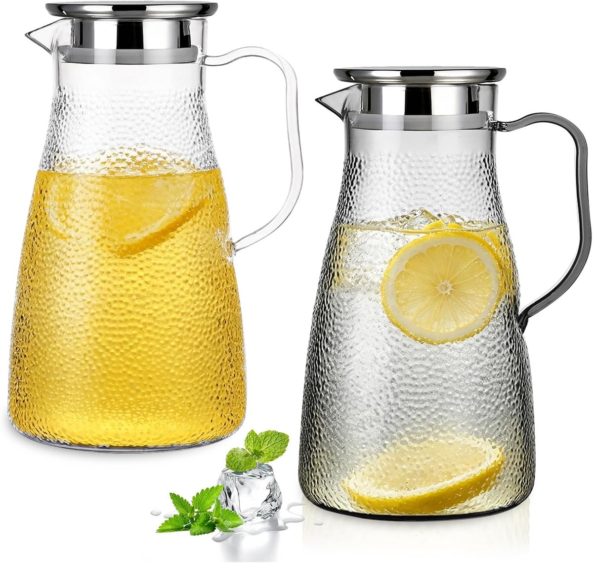 Waterkaraf met deksel, 2 stuks, 1,8 l, waterkan met deksel van polycarbonaat, karaf van 2 liter, hittebestendig en onbreekbaar, koelkastkan voor water, sap en thee