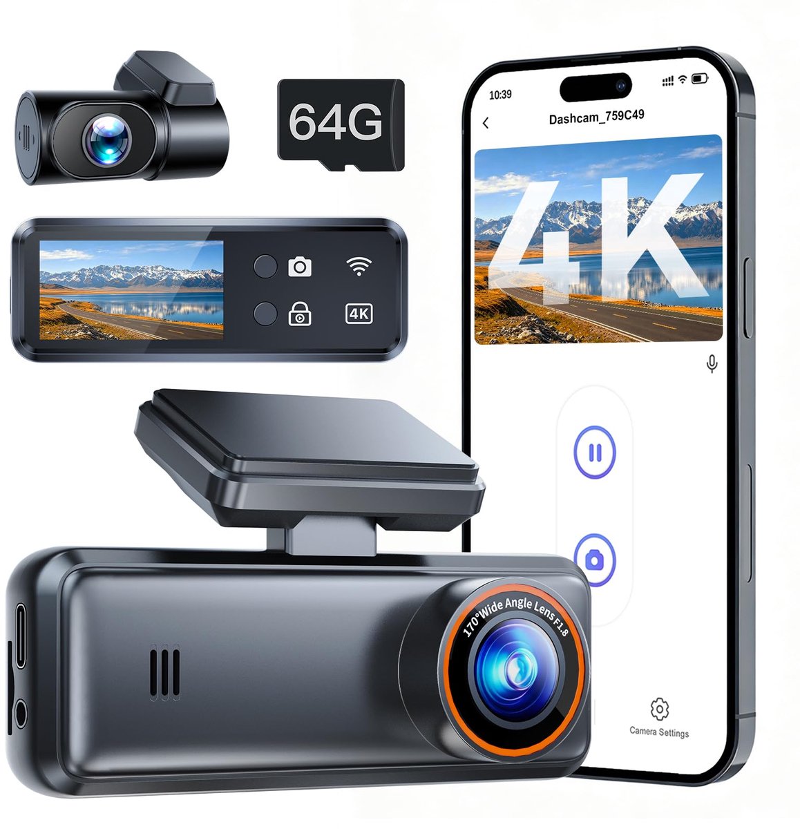 Dashcam voor en achter 4K+1080P - WiFi-app - 64GB kaart - beveilig je rit - Luxento