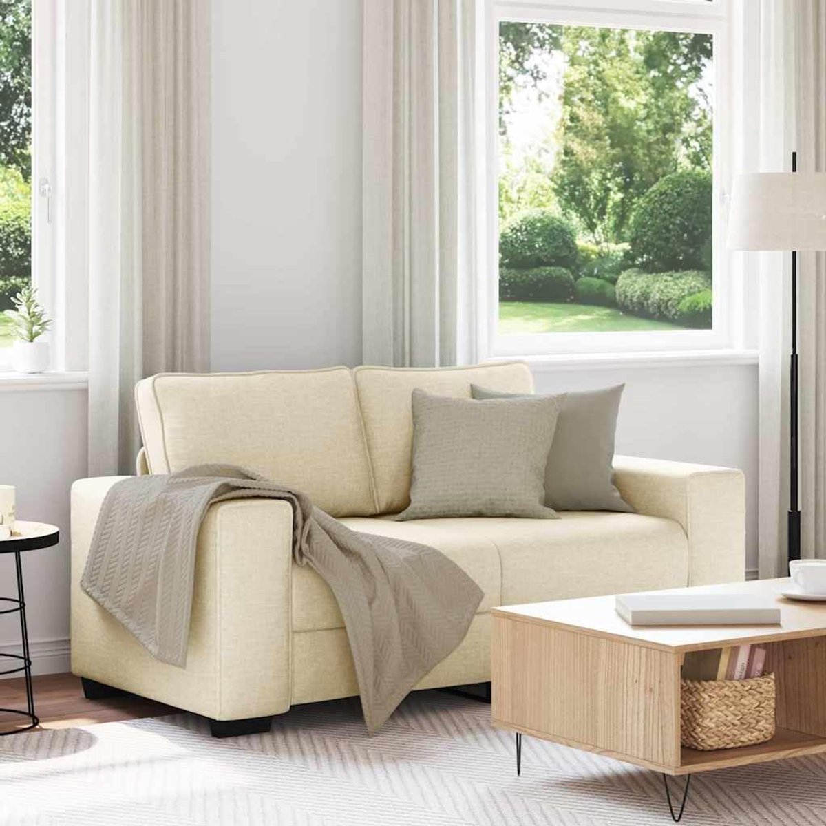 2-zitsbank, crème, 120 cm stof, zacht polyesterweefsel met ademend vermogen en duurzaamheid voor maximaal comfort, robuust houten en metalen frame voor stabiliteit