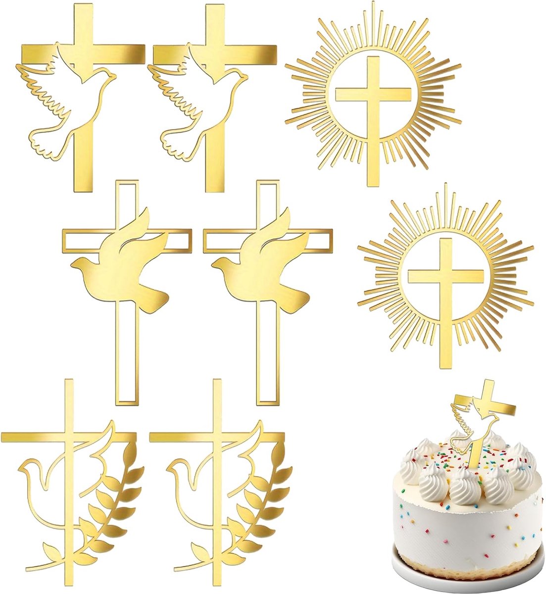 Cake decoratie kruis 17x12cm - acryl goud - 8 stuks - feestelijke uitstraling voor doop - ShopVlot