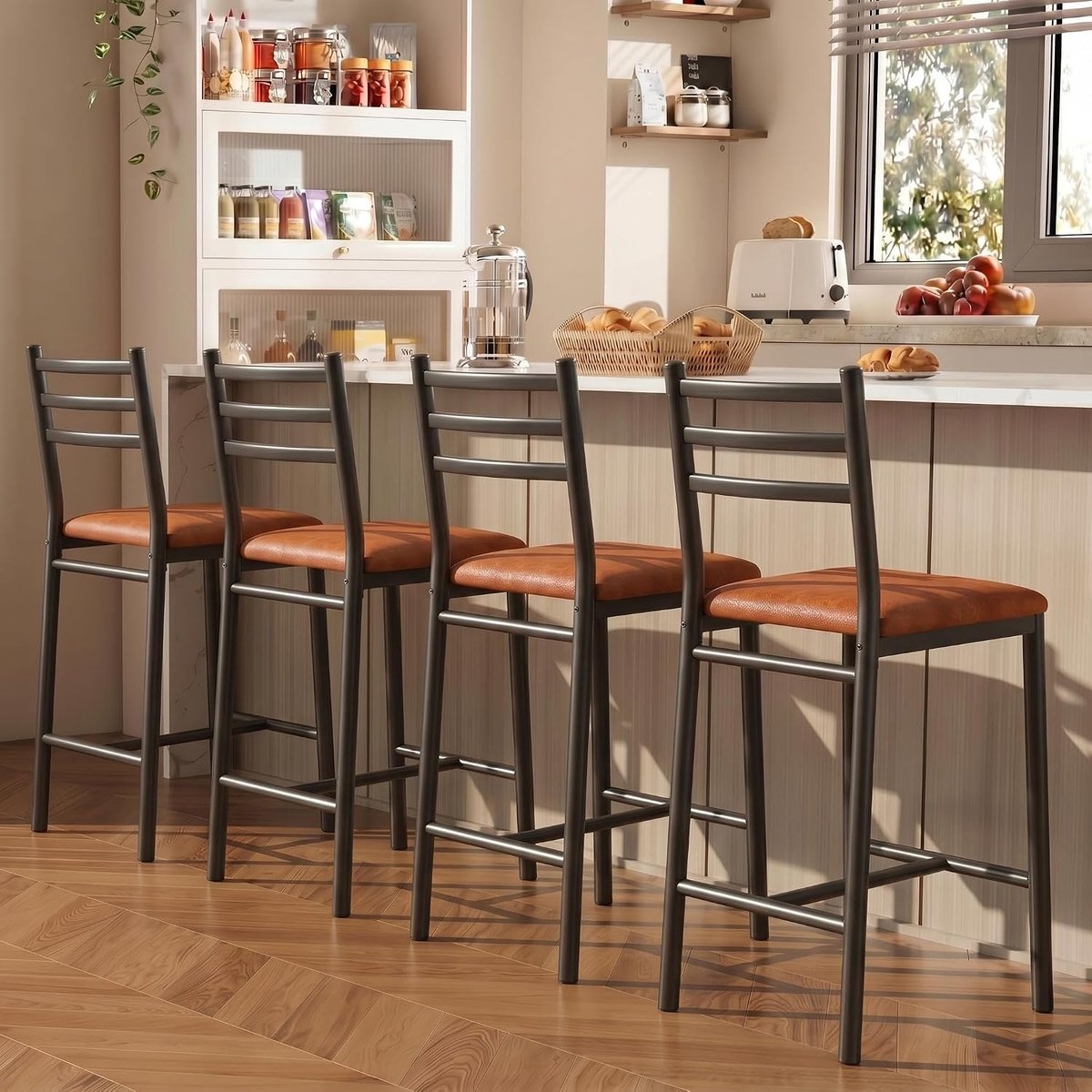 Barkrukken Set van 4 - 61 cm Barstoelen met Leuning PU Leer Bruin