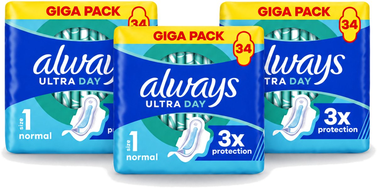3 x Always - Maandverband - Dag - Normal - 34 Maandverband - Voordeelverpakking - 3 stuks