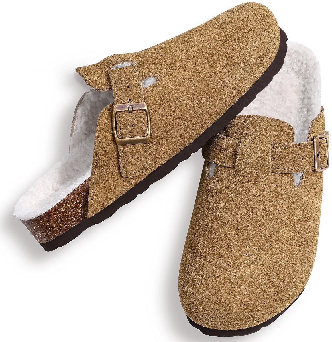 Olanly - Unisex Clogs - Warme Dames Winter Pantoffels - Koe suède - Houten Cogs -Bruin - 40 - Geschikt voor een voetlengte van 24.8cm