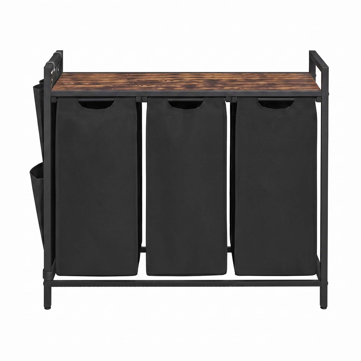 Wasmand Kledingverdeler 87,7 x 33 x 72 cm Zwart 3 vakken van 40 L Met uittrekbare en afneembare voeringzak, zijvak en roosterplank Stevig metalen frame Geschikt voor wasruimte, badkamer en slaapkamer