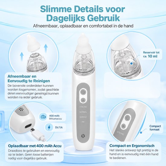 Elektrische Neusaspirator voor Baby’s - 3 Zuigstanden - 3 Siliconen Tips - Oplaadbaar - Muziek - Anti-Terugstroom - Wit — afbeelding 3