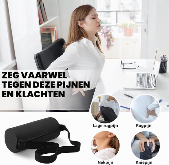 Lendensteunkussen - Zwart - 32 x 12 cm - Ergonomisch Lordosekussen met Verstelbare Band - Voor Bureaustoel en Auto — afbeelding 3