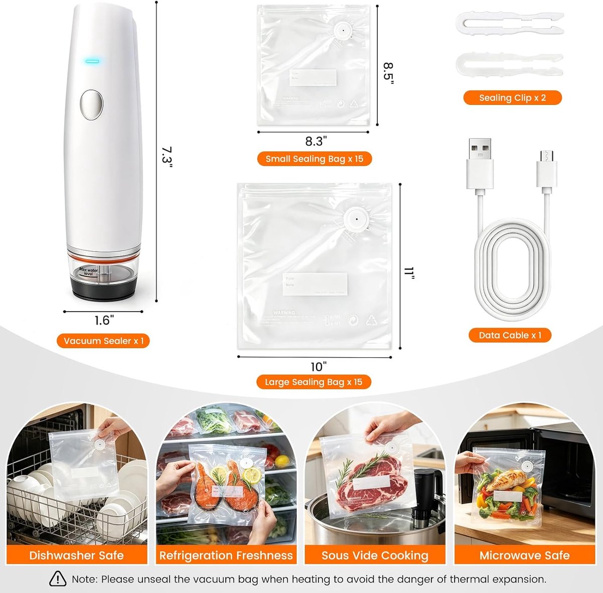 -80 kPa Vacuümsealer voor voedsel (vacuümsealer + 30 herbruikbare vacuümzakken), draadloze en draagbare mini-vacuümsealer, geschikt voor sous-vide en meal-prep – Wit
