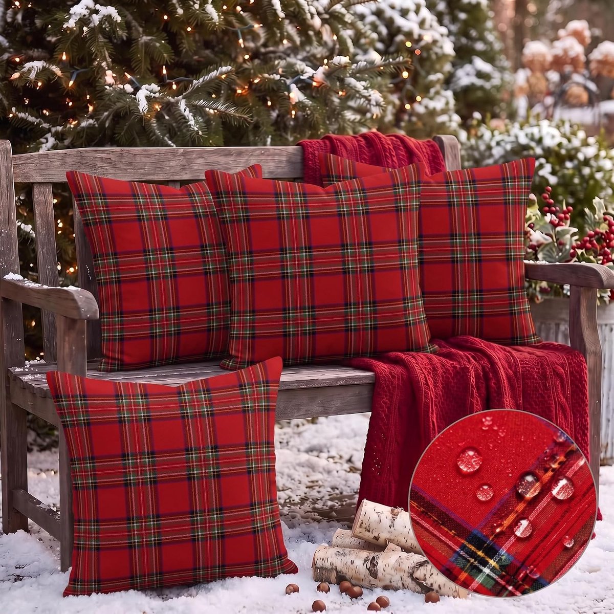 4 Pcs waterbestendige kerst‑kussenhoezen 18x18 inch - klassiek Schots tartan ruitpatroon - geschikt voor binnen en overdekt buiten