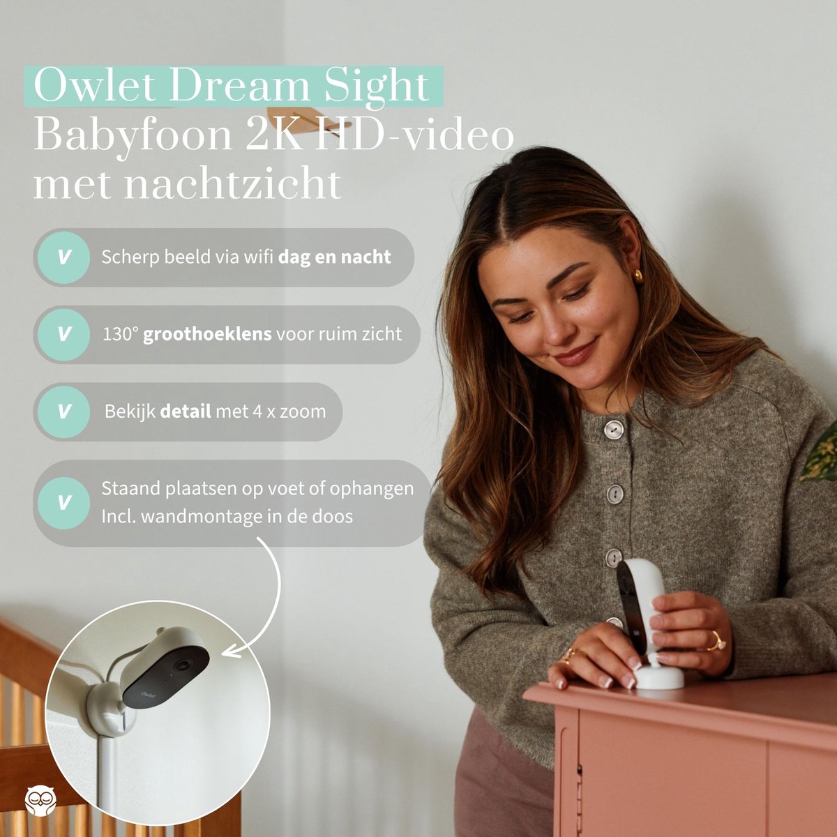 Owlet Dream Sight™ Babyfoon met camera 2K HD Camera – Baby monitor met Huil-, Geluids- & Bewegingsdetectie - Volg overal live via je telefoon met Gratis Dream App - Wit thumbnail 6