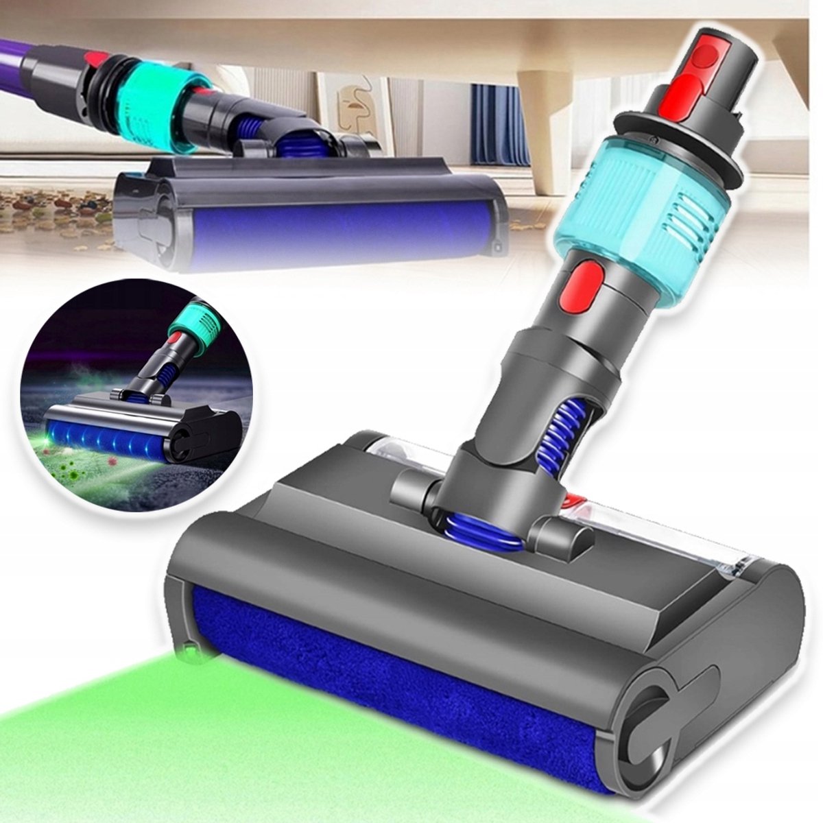 Stofzuigerborstel Met Groene LED-Verlichting – Geschikt Voor Dyson V7 V8 V10 V11 V15 – Anti-Klit Nylon Borstelharen En Wasbaar – Ideaal Voor Dierenharen En Stof Op Harde Vloeren
