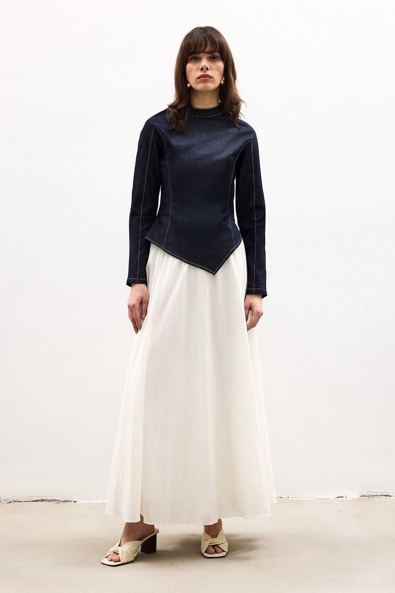 Touché Privé - 2-delige denim set met stretch van blouse en rok - Marineblauw - Dames
