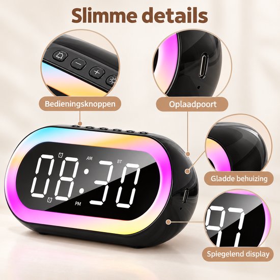 Multifunctionele klok - Draagbare luidspreker - Bluetooth - FM radio - 5 in 1 - Digitale wekker - Temperatuurweergave - Oplaadbaar - Sfeerverlichting - Zwart — afbeelding 4