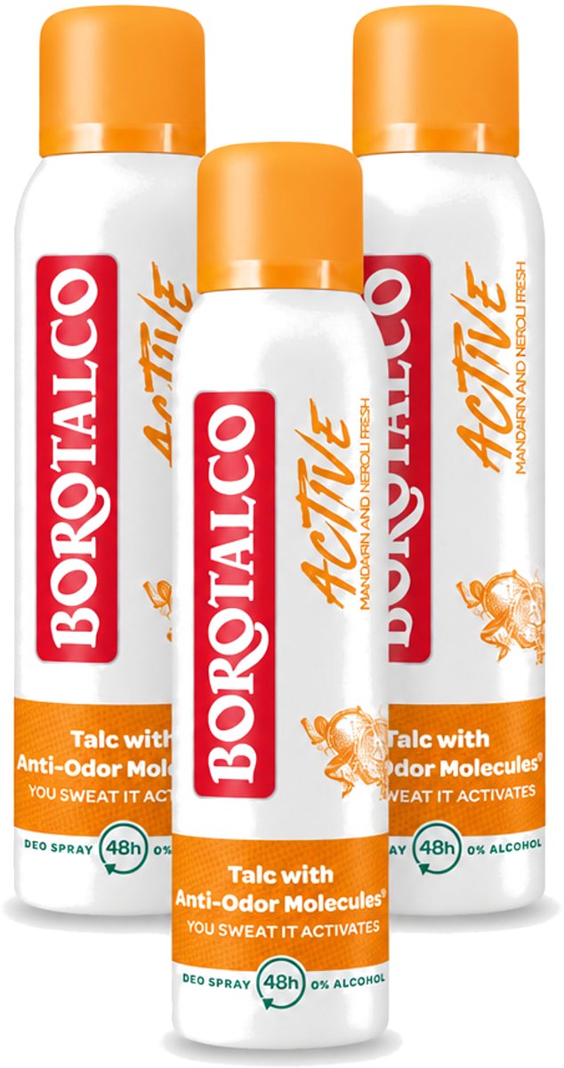 3 x Borotalco - Deodorant Spray - Active - Mandarin & Neroli Fresh - 0% Alcohol - 150 ml - Voordeelverpakking - 3 stuks
