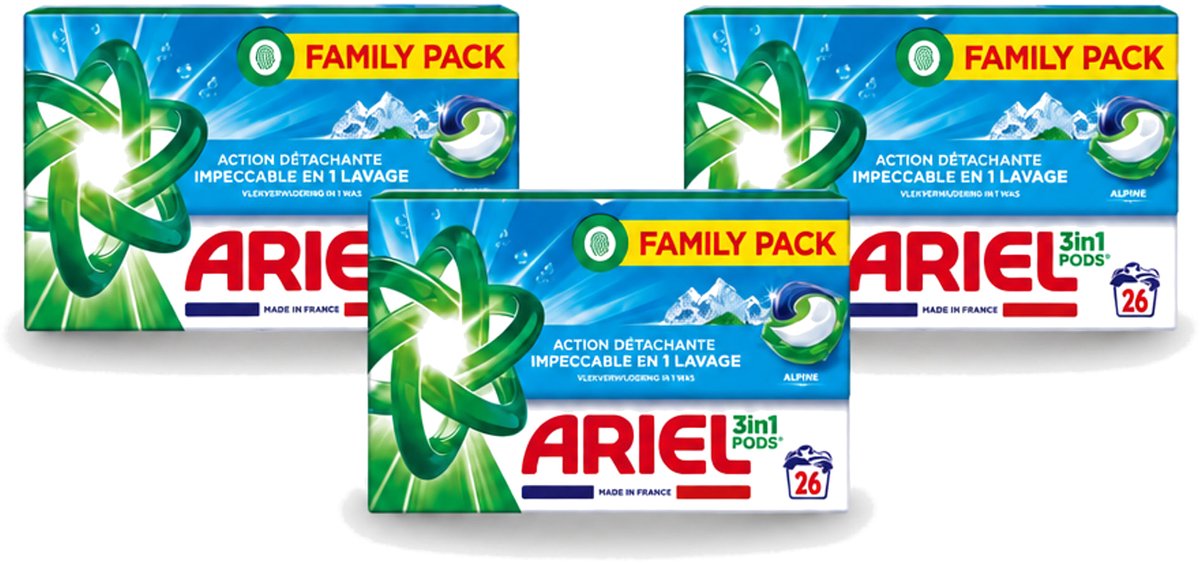 3 x Ariel – Pods 3in1 – Alpine – 26 wasbeurten - Voordeelverpakking - 3 stuks