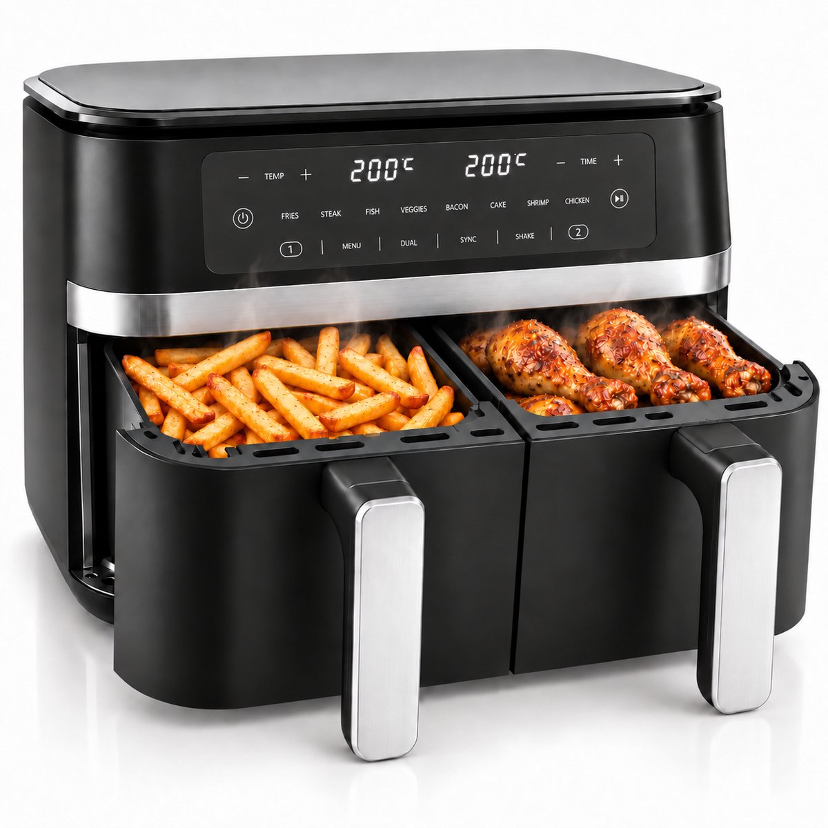 Vivid Green Dubbele Airfryer – 11 Liter – Dual Zone met SYNC – 2 Lades – 2950W – 5 Jaar Garantie – Heteluchtfriteuse – Tot 8 Personen – PFAS-vrij – Zwart