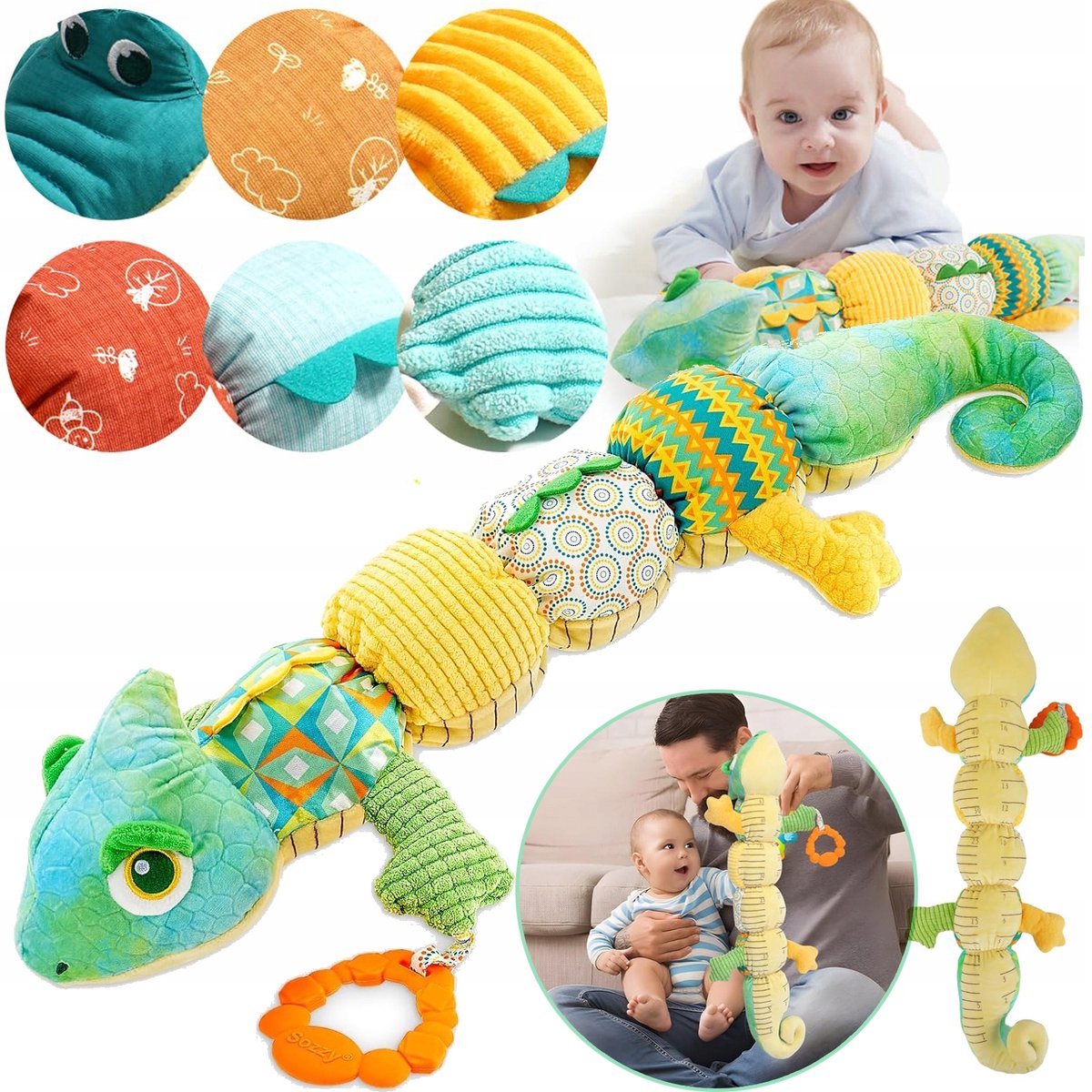 Kameleonknuffel Met Muziek, Rammel- En Knispergeluiden – 43 cm Groeimeter – Geschikt Voor Doorkomende Tandjes En Sensorisch Spel – Knuffelbaar Babyspeelgoed Voor Ouder-Kind Interactie – Groen