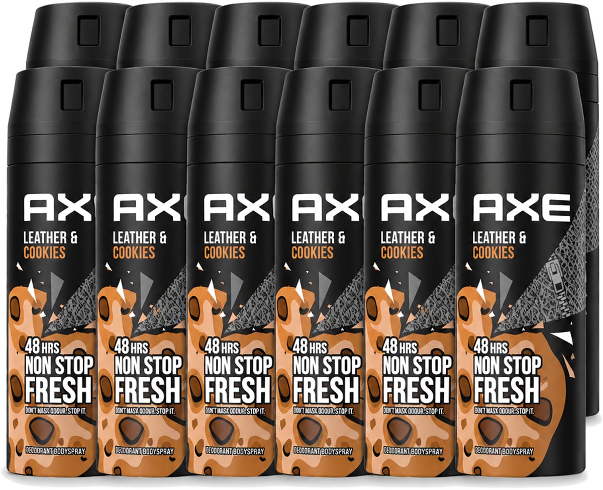 12 x Axe - Deodorant Bodyspray - 48hrs Fresh - Leather & Cookies - 150 ml - Voordeelverpakking - 12 stuks
