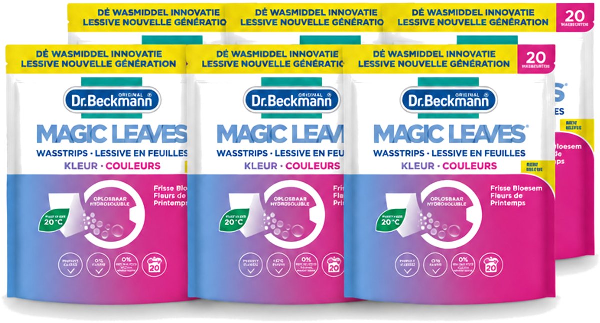 6 x Dr. Beckmann - Magic Leaves - Wasstrips - Gekleurde Was - Frisse Bloesem - 20 Wasbeurten - Voordeelverpakking - 6 stuks