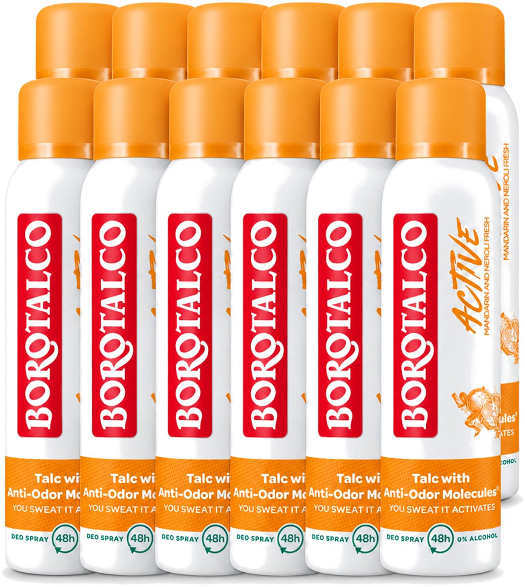 12 x Borotalco - Deodorant Spray - Active - Mandarin & Neroli Fresh - 0% Alcohol - 150 ml - Voordeelverpakking - 12 stuks