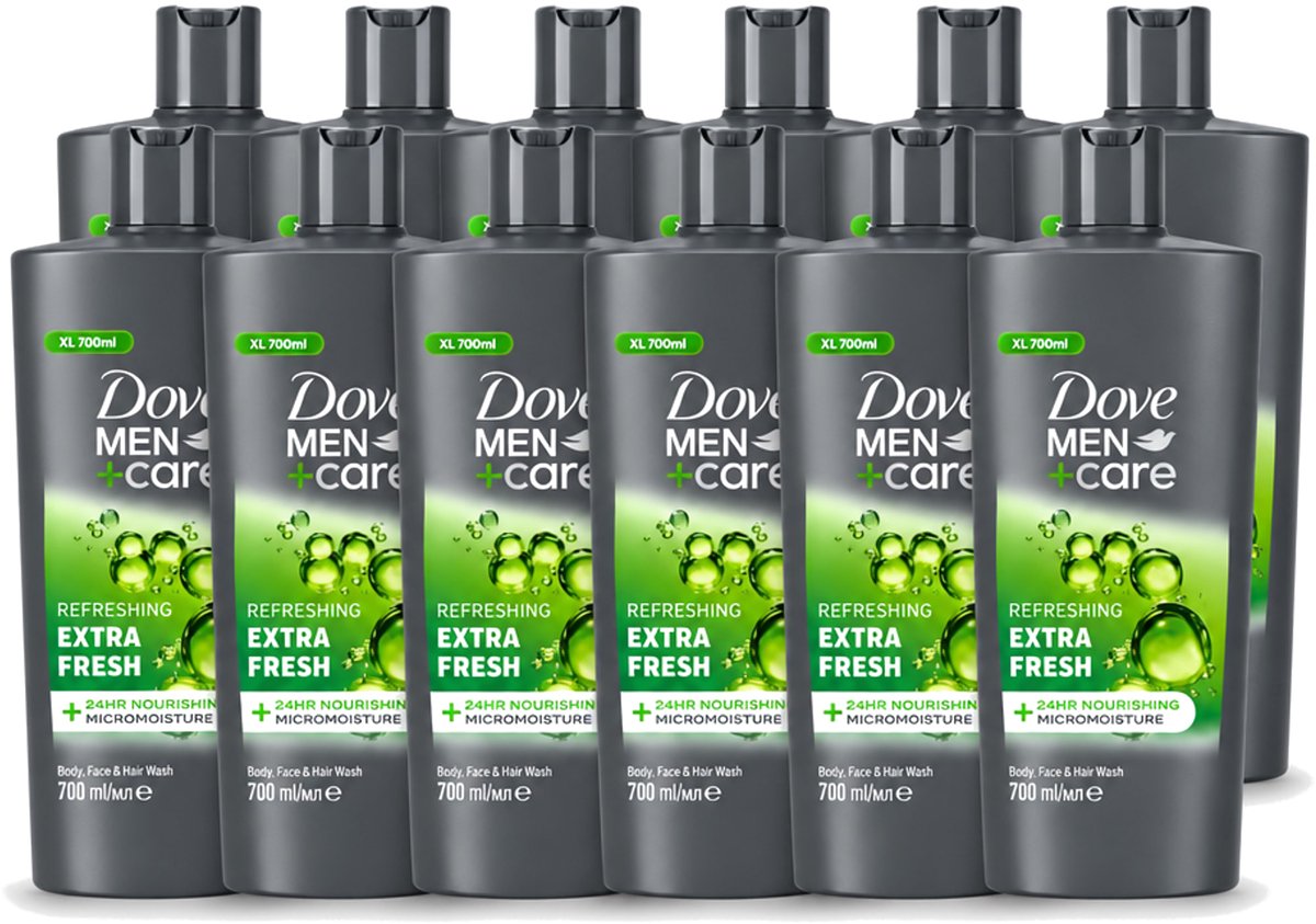 12 x Dove Men+Care - Extra Fresh - Douchegel 3-in-1 - Verzorgend - 700 ml - Voordeelverpakking - 12 stuks