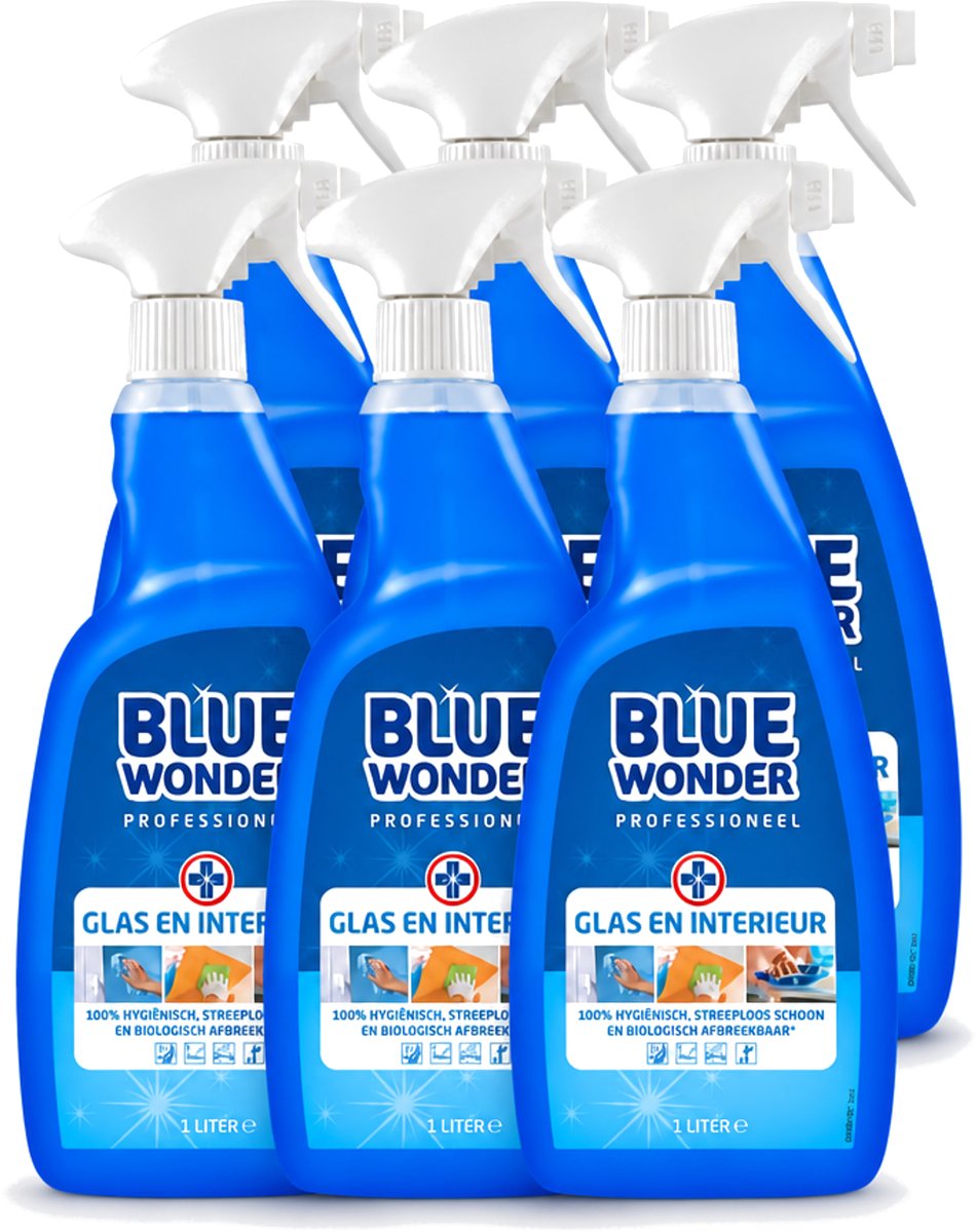 6 x Blue Wonder - Professionele Glas & Interieur Spray - Streeploos Schoon - 1 Liter - Voordeelverpakking - 6 stuks