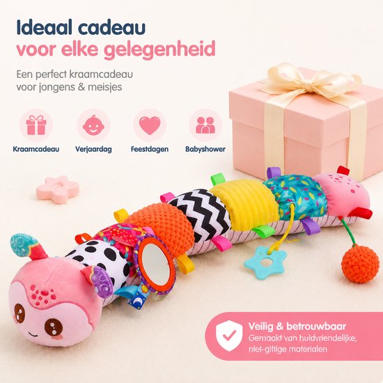 Sensorisch Babyspeelgoed - Muzikale Rups Knuffel - Activiteitenspeelgoed Baby met Rammelaar, Bijtring en Spiegeltje - Grijpspeelgoed voor 0+ Maanden - Roze — afbeelding 4
