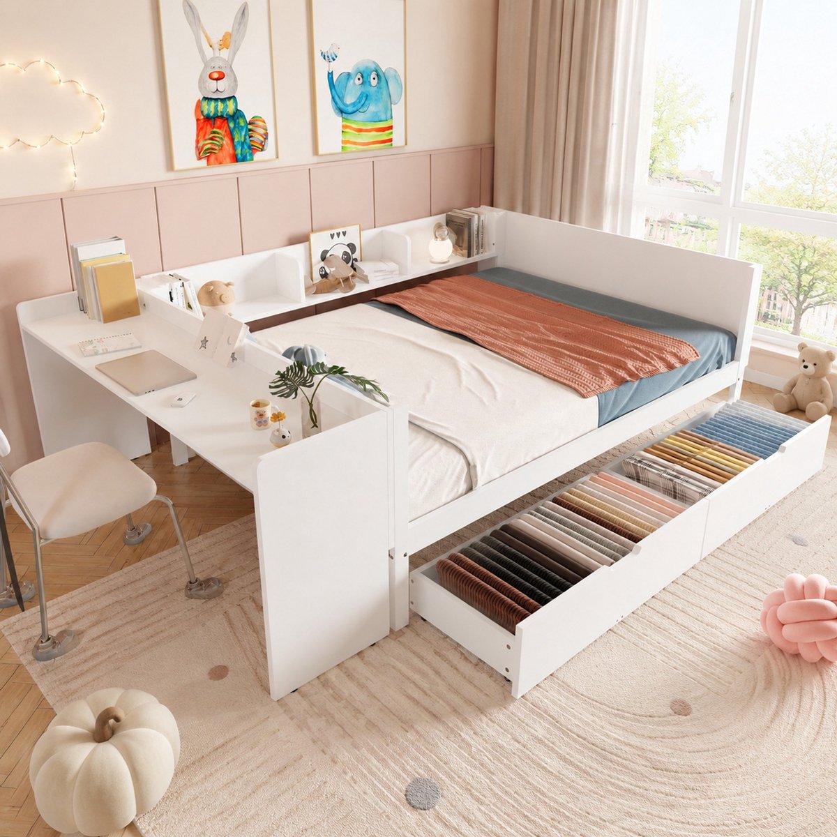 WUVRIE Tweepersoonsbed 140x200 cm met bureau, 2 lades en 3 planken, wit