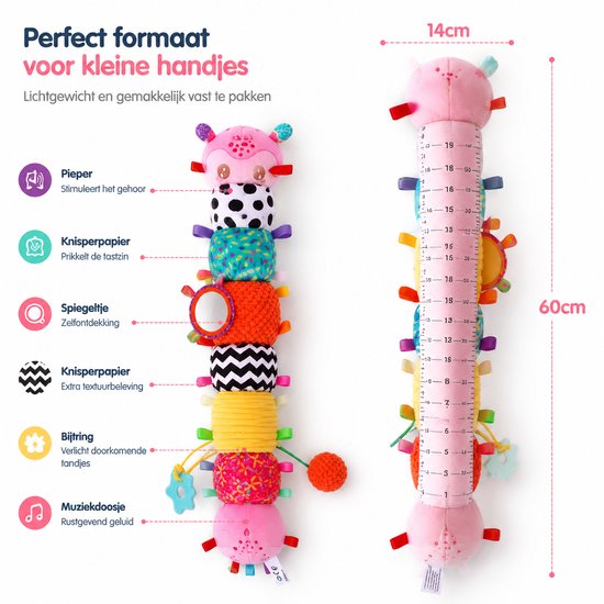 Sensorisch Babyspeelgoed - Muzikale Rups Knuffel - Activiteitenspeelgoed Baby met Rammelaar, Bijtring en Spiegeltje - Grijpspeelgoed voor 0+ Maanden - Roze — afbeelding 5