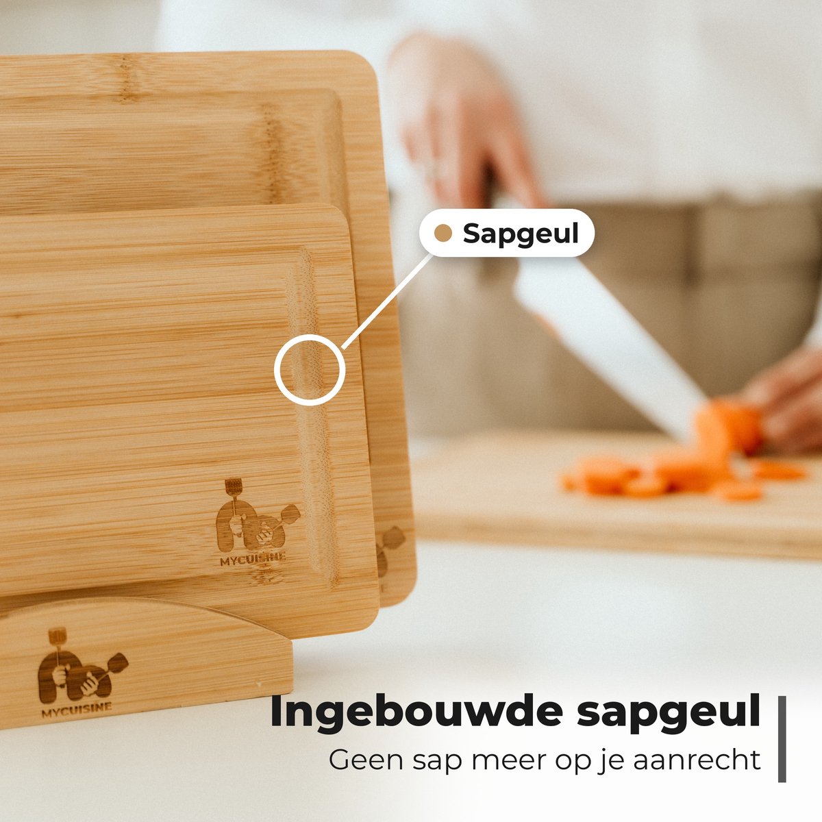 MyCuisine Bamboe Snijplanken Met Sapgeul - Snijplankenset met houder van hout - 100% Bamboe - Inclusief E-Kookboek - 3 Planken — cadeau in Kookcadeaus - foto 4