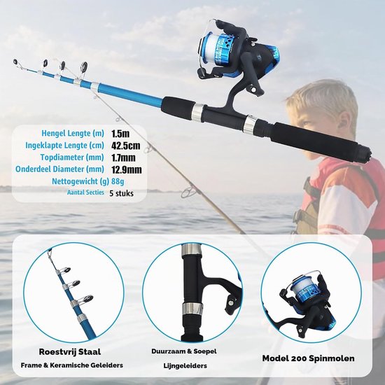 Complete Visspullen Set voor Kinderen, 1.5 m Vissstaaf met Molen, Ideaal voor Meer, Rivier en Strand, Geschikt voor Kinderen vanaf 3 Jaar — afbeelding 5