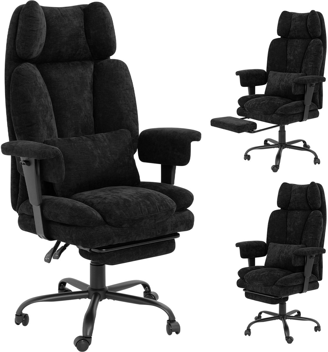 Puluomis - Bureaustoel met telescopische voetsteun - Grote ergonomische bureaustoel - Draagvermogen 150 kg - Lendensteun - Zwart