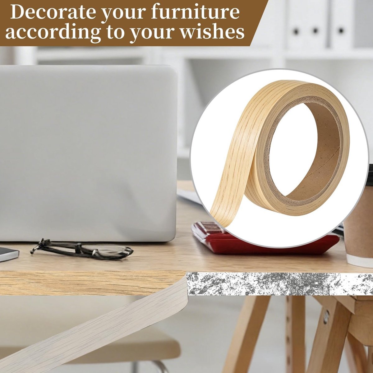 Lijmende Kantentape in Lichtbruin, 10 Meter, Voor Natuurlijke Eiken Look, Meubelherstel, DIY Projecten, Houten Lijmband voor Interieurdecoratie