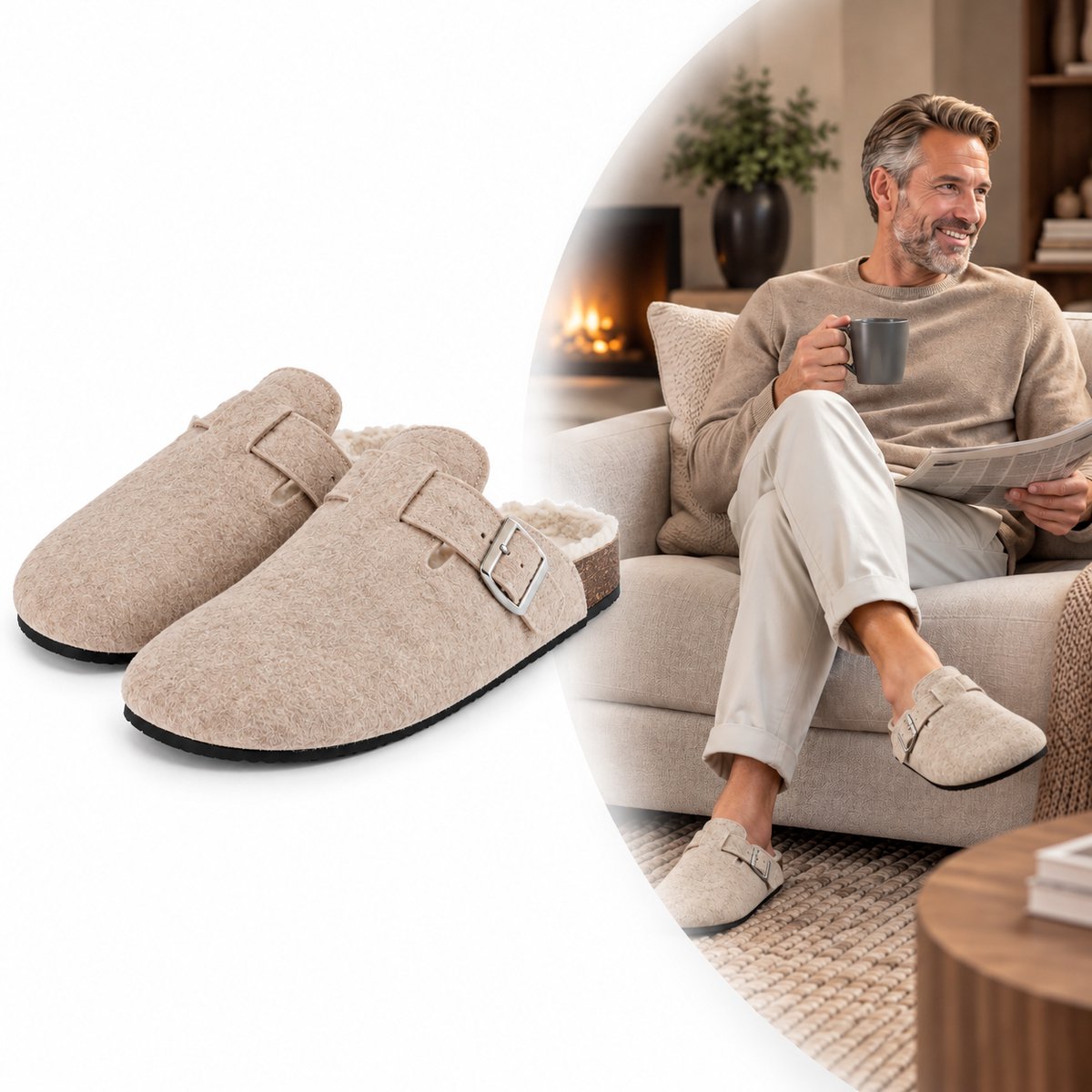 Heat Essentials - Sloffen Heren - Vilt - Gesp - Beige - Maat 43 44 - Pantoffels Heren -Instap Sloffen Heren - Boston Sloffen