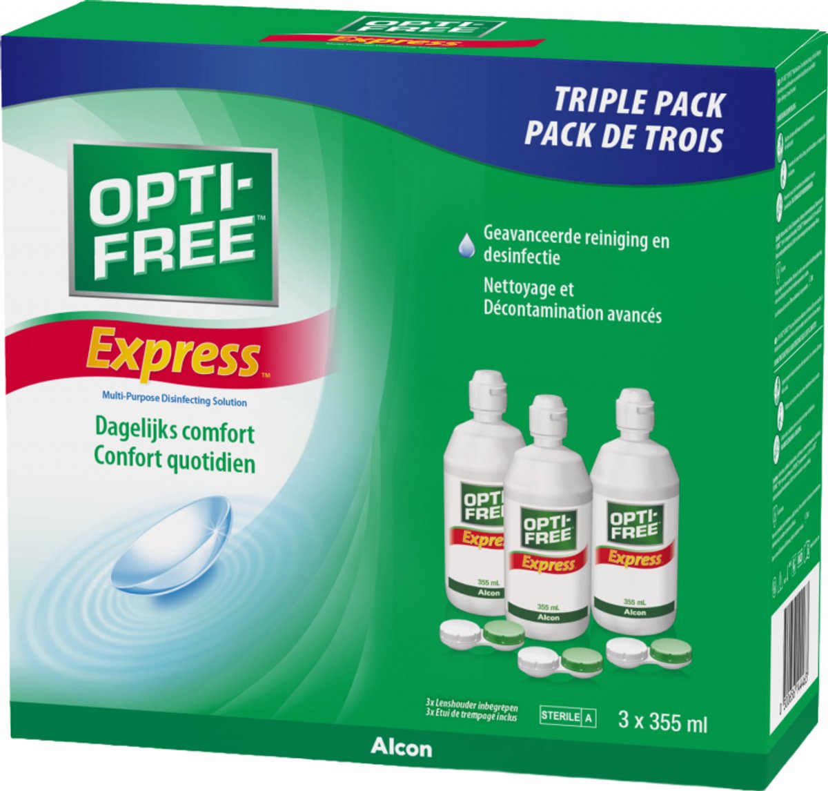 OPTI-FREE Express MPDS - 3 x 355 ml + 3 lenshouders - alles-in-één lenzenvloeistof