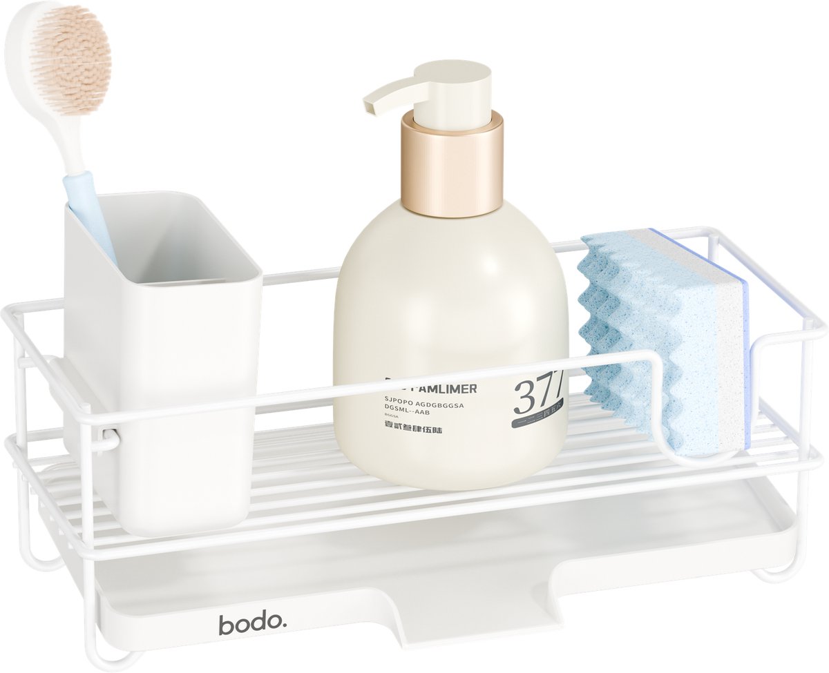 Afdruiprek - Gootsteen organizer met sponshouder - Keuken organizer voor Afwasmiddel en Borstels - Wit - Bodo