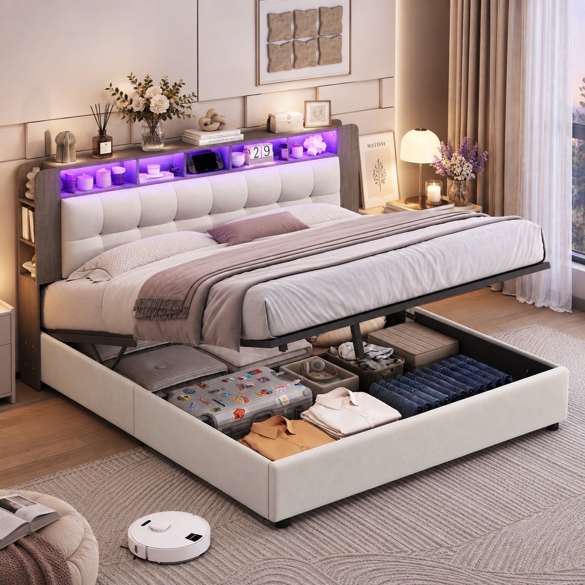 MEXUS Opbergbed 140x200 cm, met draadloos oplaadbaar en LED-hoofdbord met opbergruimte, Tweepersoonsbed met opbergruimte onder het bed, Volwassenenbed met opbergruimte, gestoffeerd bedframe, Fluweel (gebroken Wit) Beige