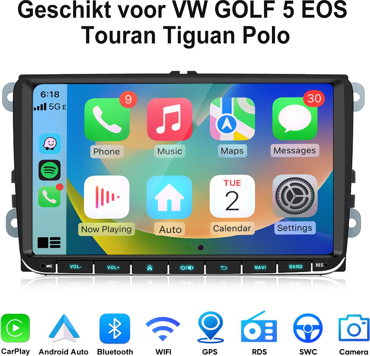 Junsun Android 15 Autoradio Geschikt voor VW GOLF 5 EOS Touran Tiguan Polo - Draadloos Carplay & Android Auto & Achteruitrijcamera - GPS-navigatiesysteem - Stuurwielbediening - Bluetooth - 7 Inch IPS TouchScreen - Wifi - RDS - Plug & Play