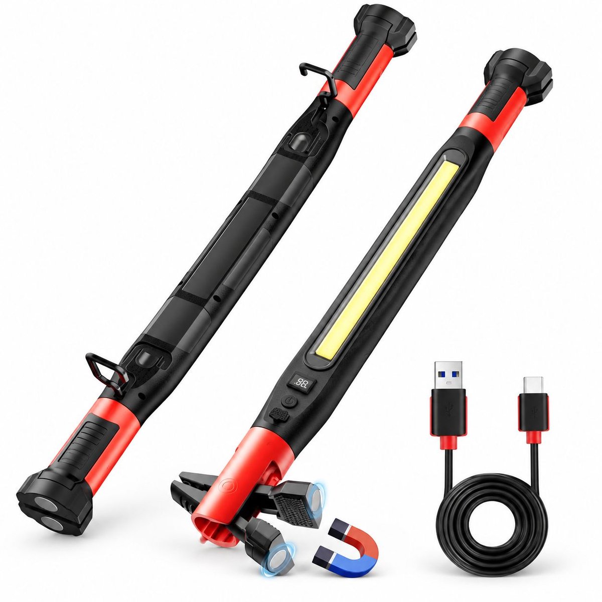 VHV - Magnetisch werklamp voor auto - Draagbare oplaadbare magnetische noodlamp - Draadloze motorkaplamp - LED-motorkaplamp – voor autoreparatie, garage, werkplaats en detailing auto - Werklamp met magneet & twee haken - Dimbare