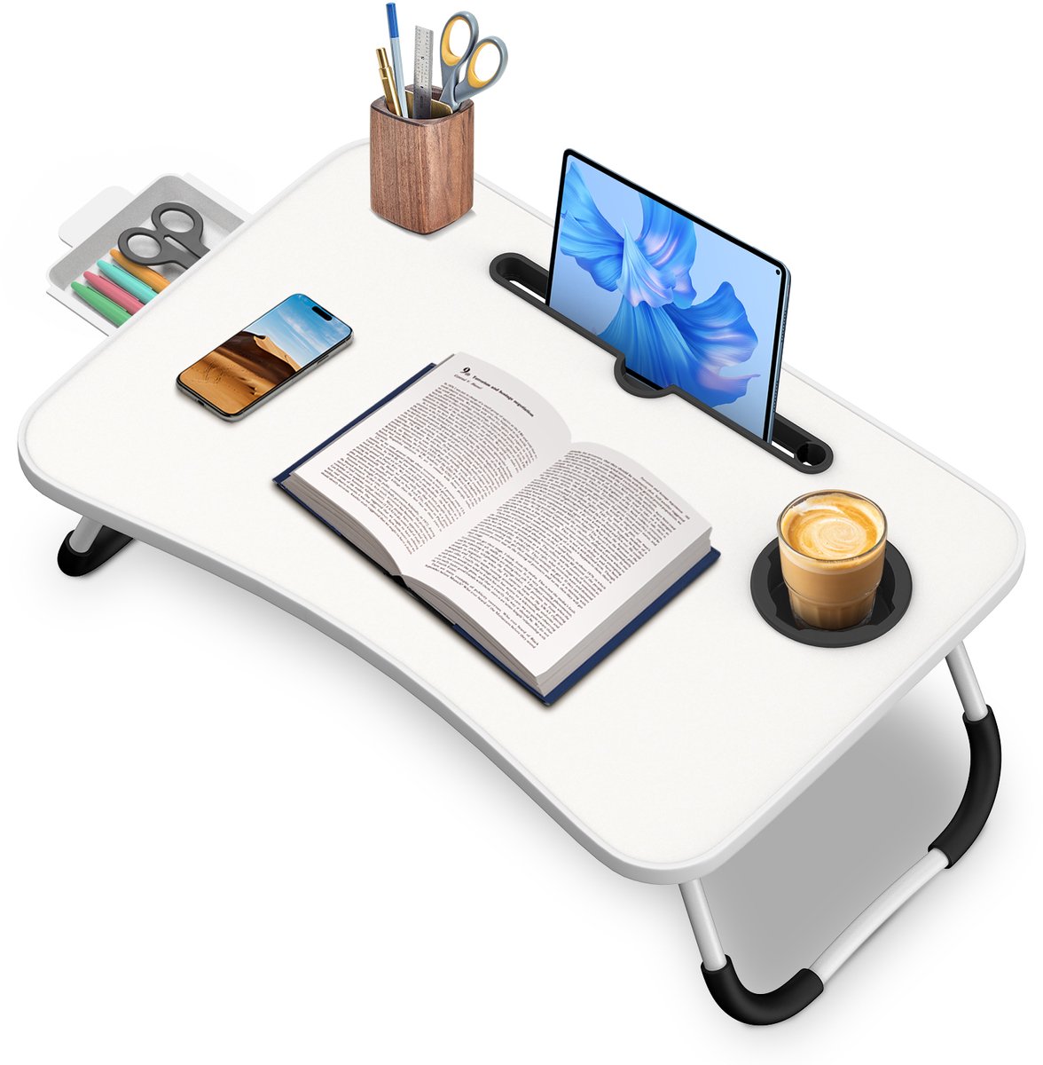 Arvioo‑Opvouwbaar‑laptoptafel‑wit‑met‑tablethouder‑bekerhouder‑lade