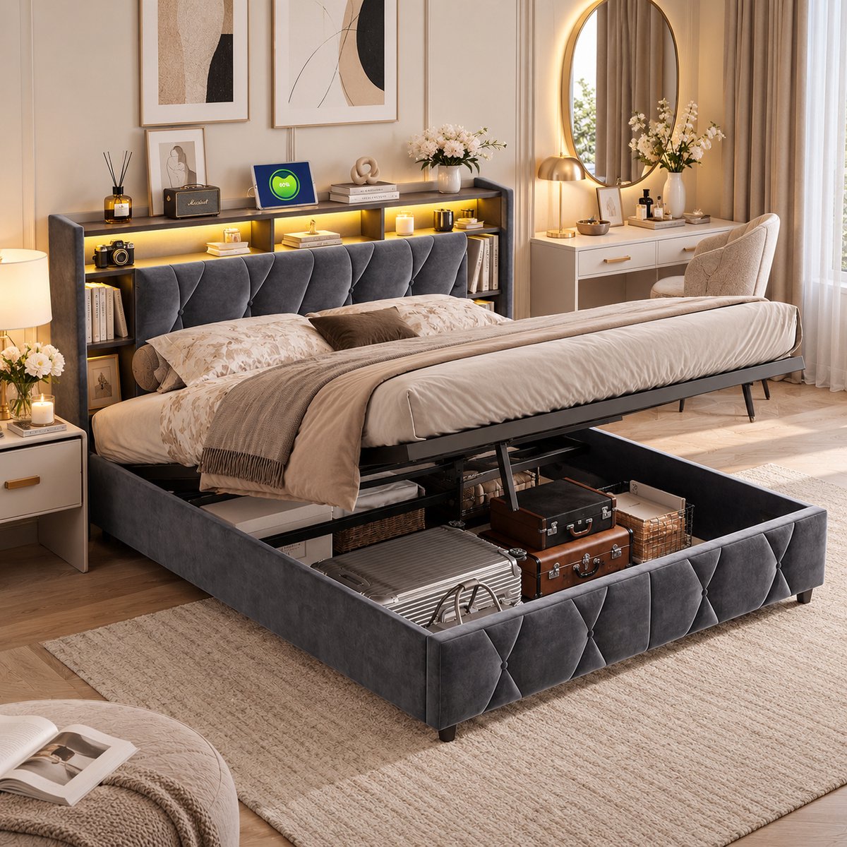 MEXUS Opbergbed 140x200 cm, LED-verlichting, Tweepersoonsbed met opbergruimte en lattenbodem, hoofdeinde met opbergvak en USB-oplaadfunctie, hydraulische opbergruimte, Gestoffeerd bed, Fluweel, Grijs