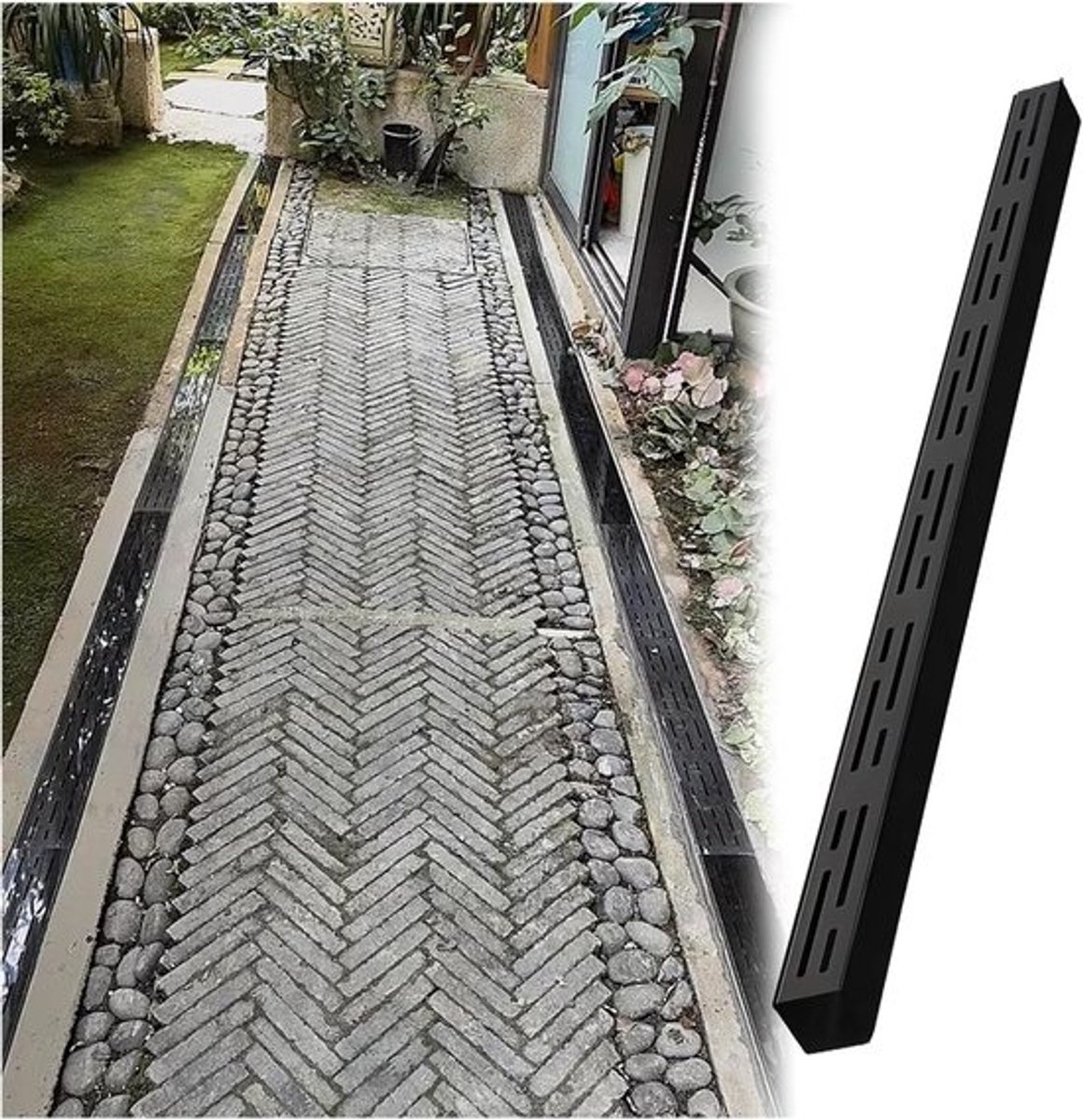Afvoergoot - Drainagerooster - Voorkomt wateroverlast - Ultrasmal ontwerp - 1 meter lang - Zwart - Zilver