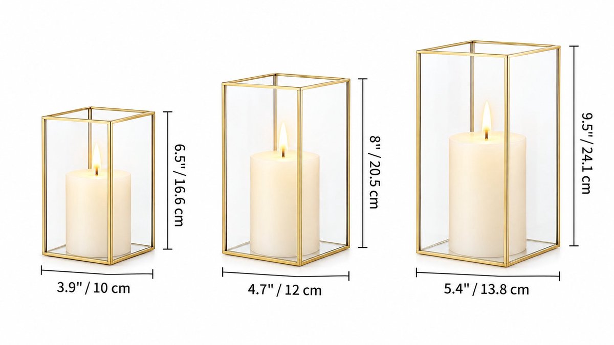 R&H® Hurricane Kaarsenhouder Glas Set van 3 - Decoratieve Kaarsenlantaarns met Goud Metalen Frame voor Pilaarkaarsen - Gehard Glas - Voor Bruiloft, Kerst, Halloween en Woonkamer
