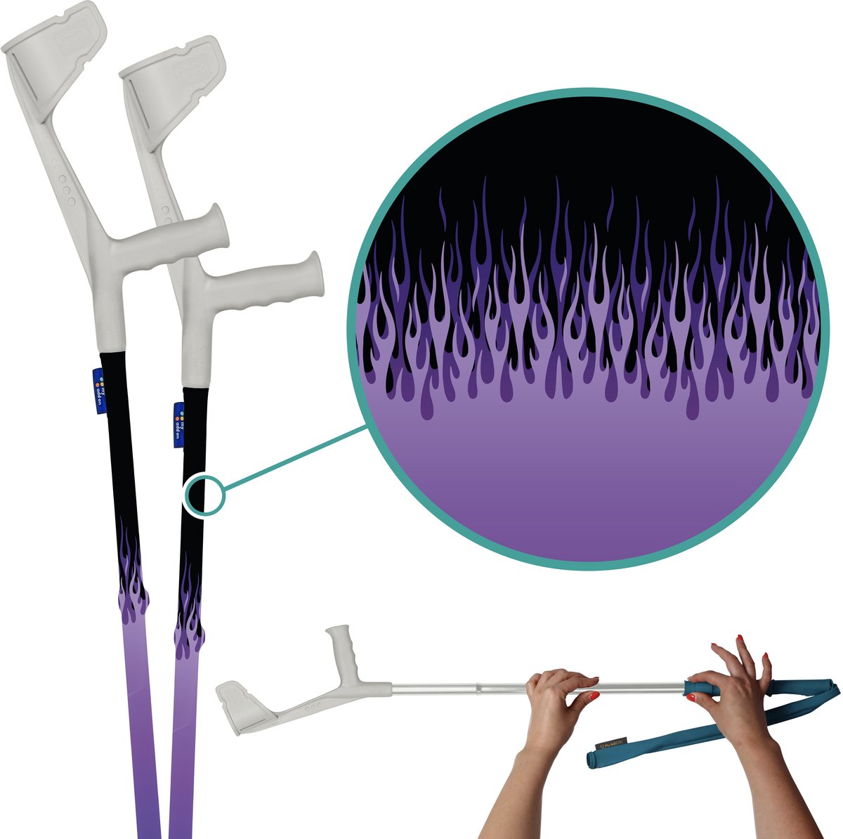 myCover Purple Flames - 2 stuks - Trendy hoes voor krukken en wandelstokken, past op elke kruk of wandelstok, elastische stof, wasbaar 30°C, verschillende patronen - Excl. Kruk
